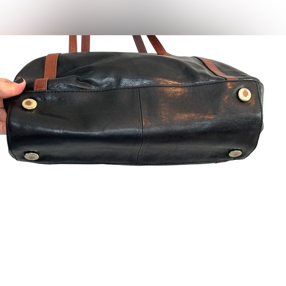 Fossil 2 in One Tote Expandable Black Brown Goat Hide Leather Side Zippers - Picture 6 of 11